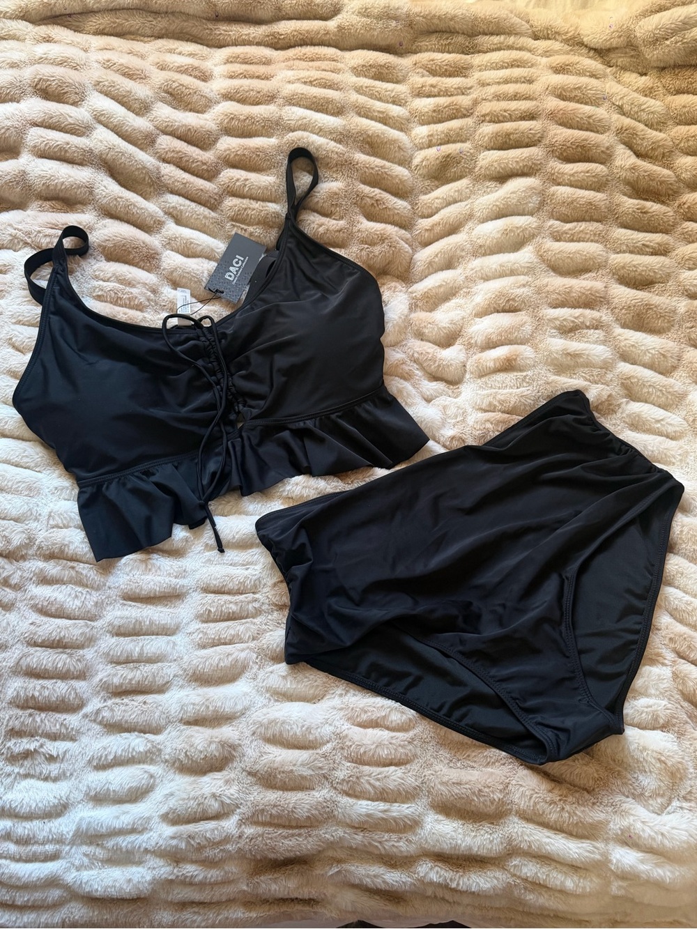 Black Lace-Up Ruffle Bikini Set
